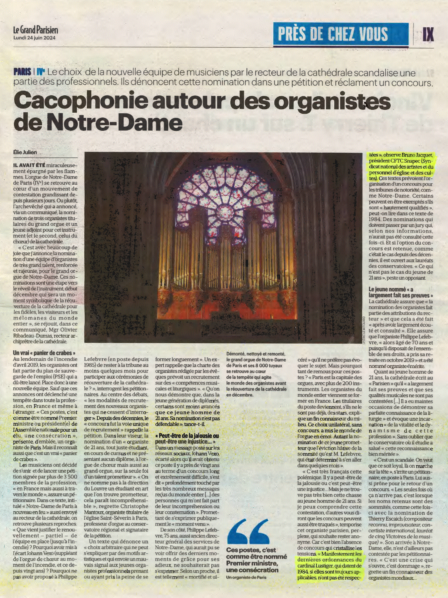 Article du Parisien sur les organistes de Notre-Dame de Paris